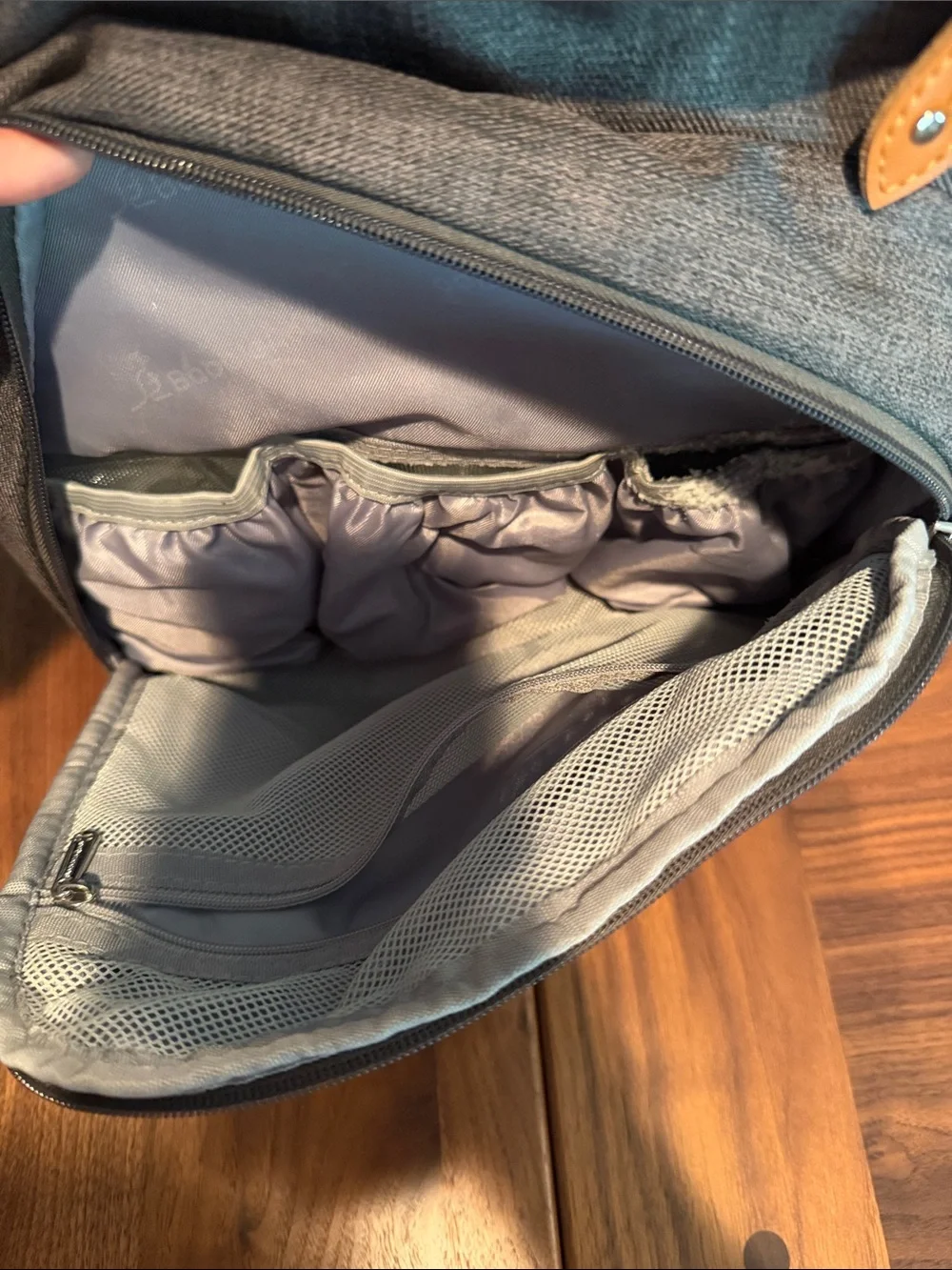 Gray Quilted Baby Backpack with Tan Accents